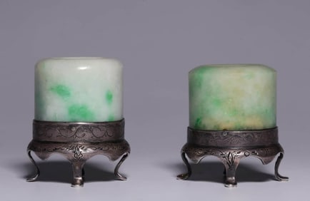 A PAIR OF SILVER AND JADEITE THUMB RING ORNAMENTS
