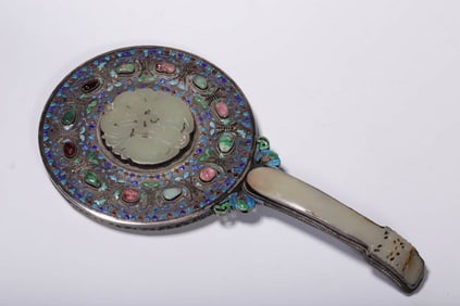 A SILVER ENAMEL AND GEMSTONE 'FORTUNE' HAND MIRROR