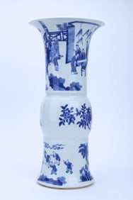 A BLUE AND WHITE 'FIGURES AND FLOWER' GU VASE