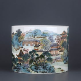A FAMILLE ROSE 'LANDSCAPE' BRUSH POT