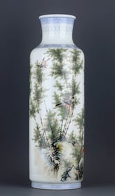 A FAMILLE ROSE 'BAMBOO AND BIRD' VASE BY XU ZHONGNAN