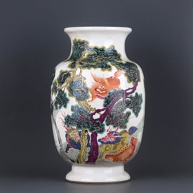 A FAMILLE ROSE 'PINE TREE AND MYTHICAL BEAST' LANTERN VASE
