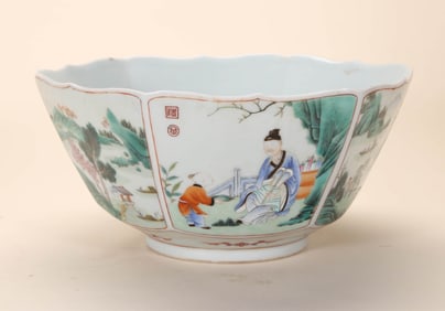 A FAMILLE ROSE 'LANDSCAPE AND FIGURES' HEXAGONAL LARGE BOWL