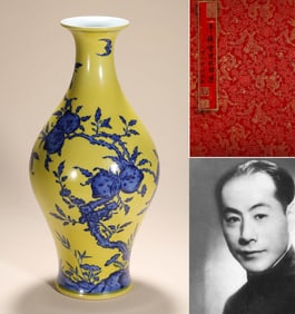 A YELLOW-GROUND BLUE AND WHITE 'LONGEVITY' OLIVE VASE