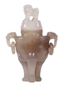AN AGATE BEAST-HANDLED INCENSE BURNER