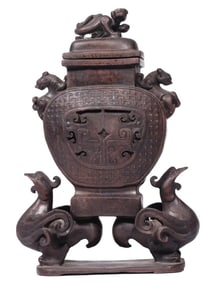 A BRONZE 'HEAVENLY CHICKEN' INCENSE BOTTLE