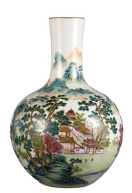 A FAMILLE ROSE 'LANDSCAPE AND PAVILION' GLOBULAR VASE