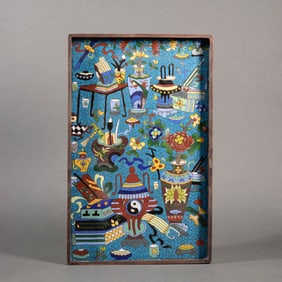 A CLOISONNé SQUARE DISH WITH 'ANTIQUE' MOTIFS