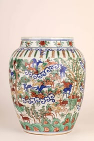 A WANLI BLUE AND WHITE AND WUCAI 'PINE AND DEER' LARGE JAR