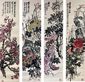 WU CHANGSHUO (1844-1927), ATTRIBUTED TO, FLOWER AND BIRD FOUR-PANEL SCREEN