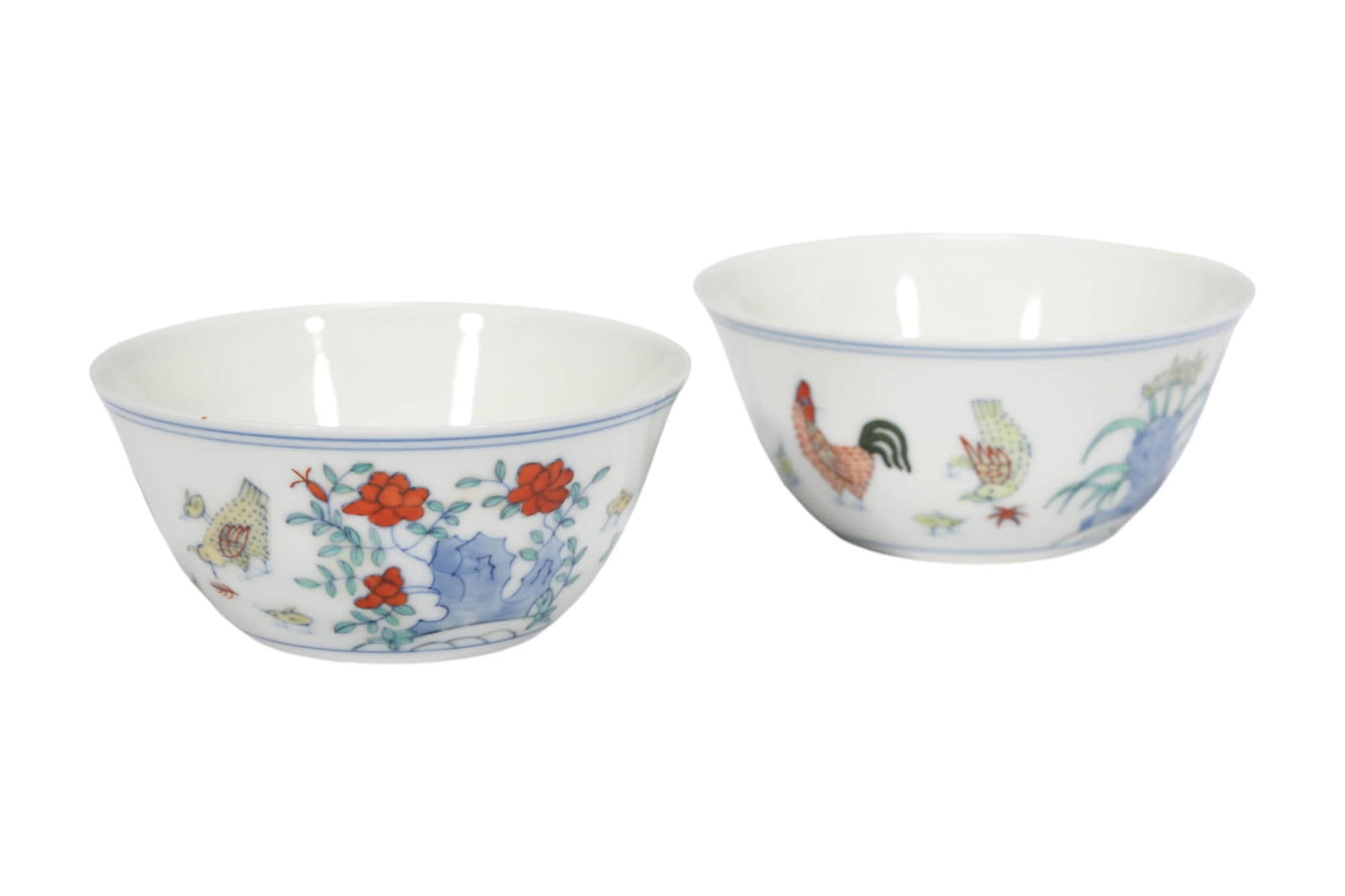 DOUCAI 'CHICKEN CUP' PAIR: DOUCAI 'CHICKEN CUP' PAIR Dimensions: Height: 3.9 cm (1.54 in.), Depth: 8.6 cm (3.39 in.). All measurements are approximate. Condition reports are rendered as specialist opinion by the staff of the Au