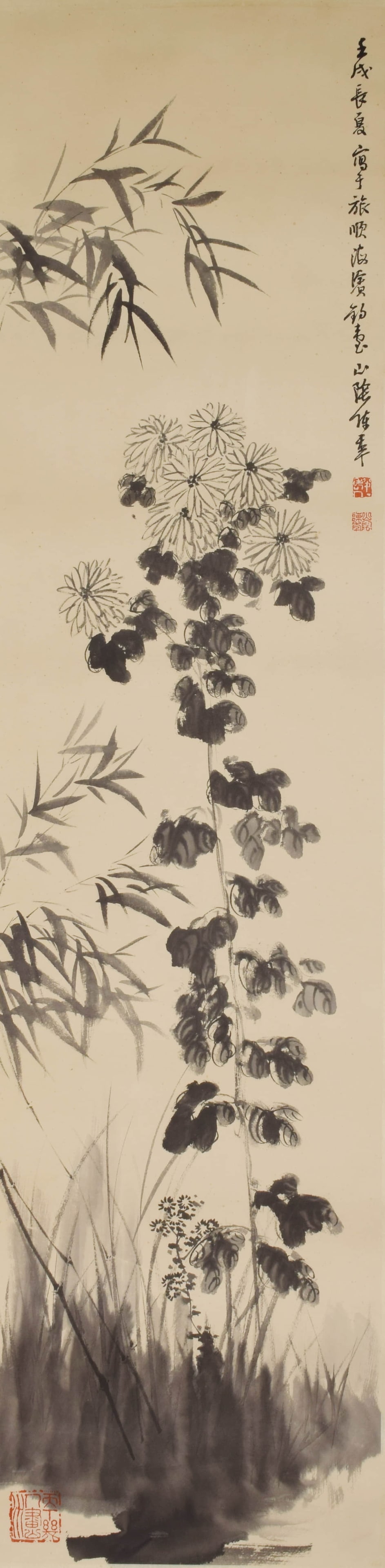 CHEN BANDING (1878–1972), ATTRIBUTED TO, FLOWERS: CHEN BANDING (1878–1972), ATTRIBUTED TO, FLOWERS Ink and Colour on Paper Dimensions: Height: 137 cm (53.94 in.), Width: 34 cm (13.39 in.). All measurements are approximate. Condition reports are ren