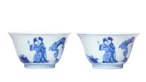 A PAIR OF BLUE AND WHITE 'FIGURES' CUPS