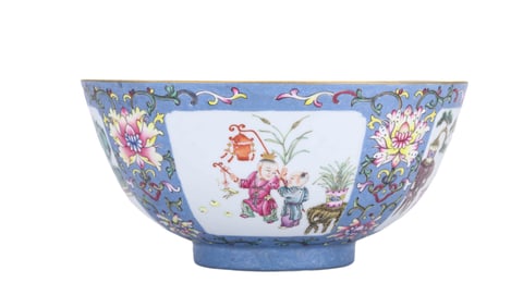 A SKY-BLUE GLAZED FAMILLE ROSE  'CHILDREN' BOWL