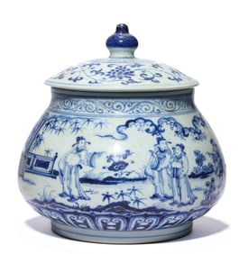 A BLUE AND WHITE 'FIGURE SCENES' JAR