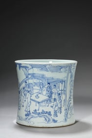 A BLUE AND WHITE 'FIGURE WITH POETRY' BRUSH POT