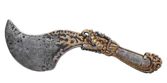 A TIBETAN IRON AND GILT VAJRA-HEAD RITUAL IMPLEMENT