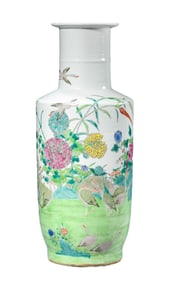 A FAMILLE ROSE 'FLOWERS AND BIRDS' ROULEAU VASE