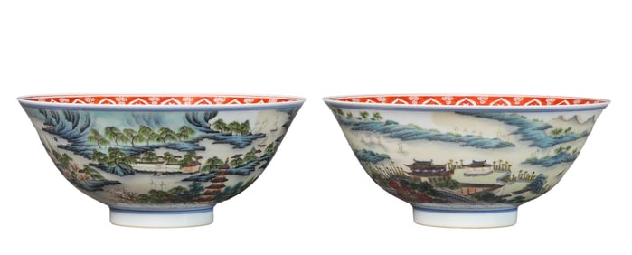 A PAIR OF FAMILLE ROSE 'LANDSCAPE AND FIGURES' BOWLS