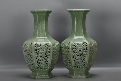 TWO PALE CELADON-GLAZED 'BLUE AND WHITE' HEXAGONAL VASES