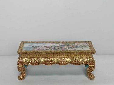 AN ENAMEL CARVED MEDALLION 'EIGHT TREASURES AND BANQUET SCENES' TEA TABLE SET
