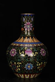 A BLACK-GROUND ENAMEL GILT-DECORATED CLOISONNé 'EIGHT TREASURES' GLOBULAR VASE