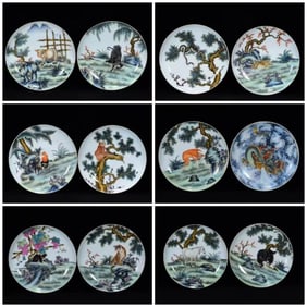 A SET OF ENAMEL 'ZODIAC' DISH