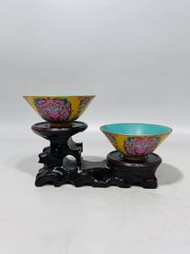 A PAIR OF GUAN-TYPE FAMILLE ROSE ENAMEL MEDALLION CONICAL SHAPED BOWLS