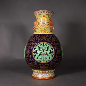 A BLUE GLAZED FAMILLE ROSE WITH GILT-DECORATED 'INTERLOCKING LOTUS'  VASE