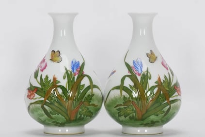 TWO ENAMEL 'FLOWERS WITH POETRY' YUHUCHUNPING