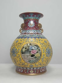 A YELLOW-GROUND FAMILLE ROSE 'HEAVENLY STEMS' VASE