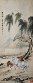 MA JIN (1899-1970), ATTRIBUTED TO, TWO HORSES BY WILLOW BANK