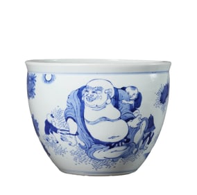 A BLUE AND WHITE 'FIVE SONS' BRUSHPOT