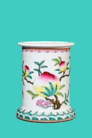 A FAMILLE ROSE 'BAT AND SHOU' BRUSHPOT