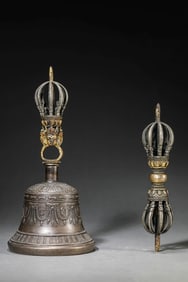 A TIBET SILVER VAJRA AND BELL SET