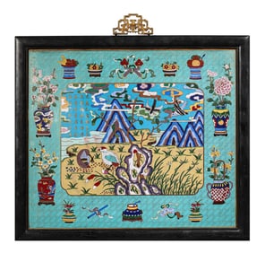 A CLOISONNé 'FLOWER, BIRD AND POEM' PLAQUE