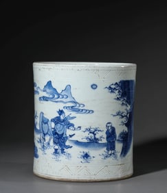 A BLUE AND WHITE 'LANDSCAPE AND FIGURE' BRUSHPOT