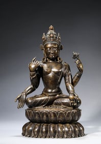 A TIBET PALA-STYLE SILVER-INLAID FOUR-ARMED AVALOKITESHVARA
