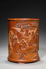 A BAMBOO 'FIGURE SCENE' BRUSHPOT
