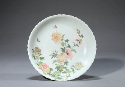 A FAMILLE ROSE 'BUTTERFLY AND FLOWER' CHRYSANTHEMUM SHAPED DISH