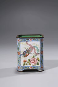 A PAINTED ENAMEL BRUSHPOT