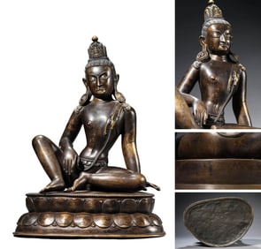 A TIBETAN GUGE STYLE ALLOY COPPER AND SILVER-INLAID 'WATER-MOON' AVALOKITESHVARA