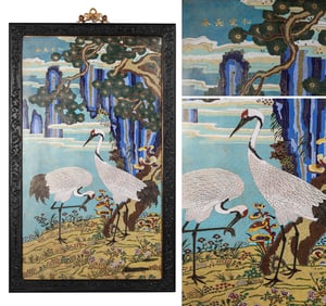 A CLOISONNé ENAMEL 'PINE AND CRANE' HANGING SCREEN