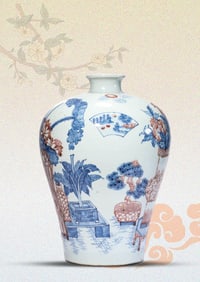 A BLUE AND WHITE AND UNDERGLAZE-RED 'ANTIQUITIES' MEIPING
