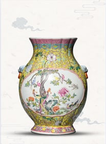 A FAMILLE-ROSE LEMON-YELLOW-GROUND MEDALLION 'FLOWERS AND BIRDS' VASE