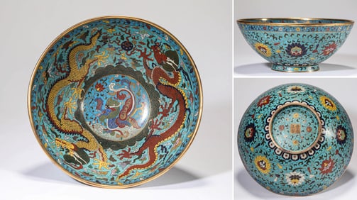 A CLOISONNé ENAMEL 'LOTUS AND DRAGON'BOWL