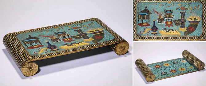 A CLOISONNé ENAMEL 'ANTIQUITIES' SCROLL TABLE