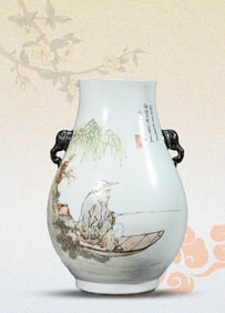 A PALE OCHRE 'FLOWERS, BIRDS AND FIGURE' JAR