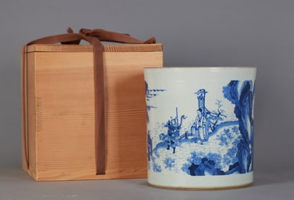 A BLUE AND WHITE 'FIGURES' BRUSH POT