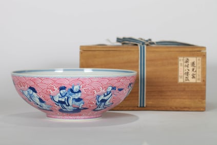 A BLUE AND WHITE WITH RUBY-RED 'EIGHT IMMORTALS' LARGE BOWL